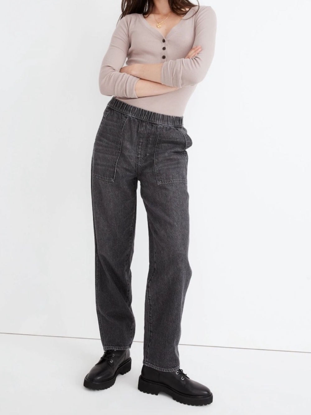 Madewell relaxed washed black denim pull on jeans Large Tall